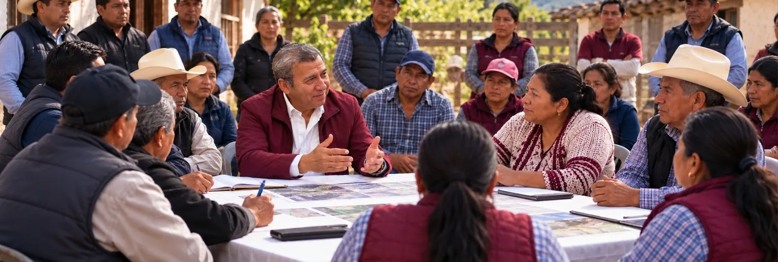 Arturo Solano platica con campesinas y campesinos de Atlixco en una mesa al aire libre.